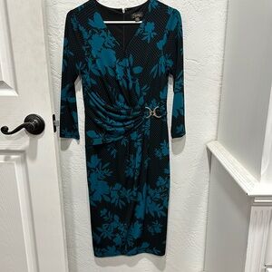 Teal Blue and Black Asymmetrical Ruched Dress